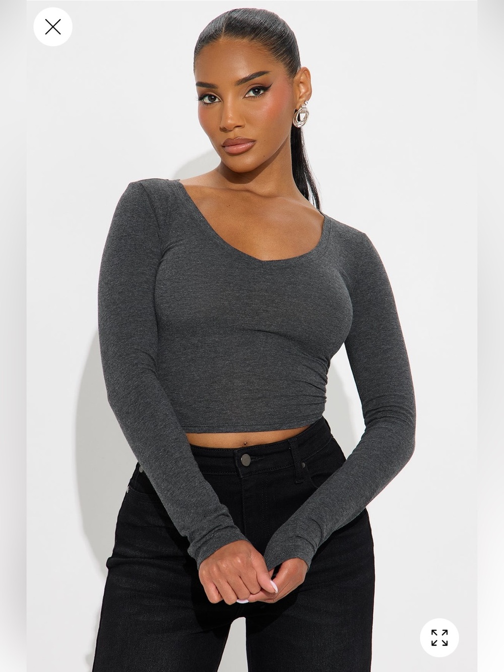 Fashion Nova - Dark Grey Long-Sleeve Lightweight Slim Fitted Crop Top LIKE NEW